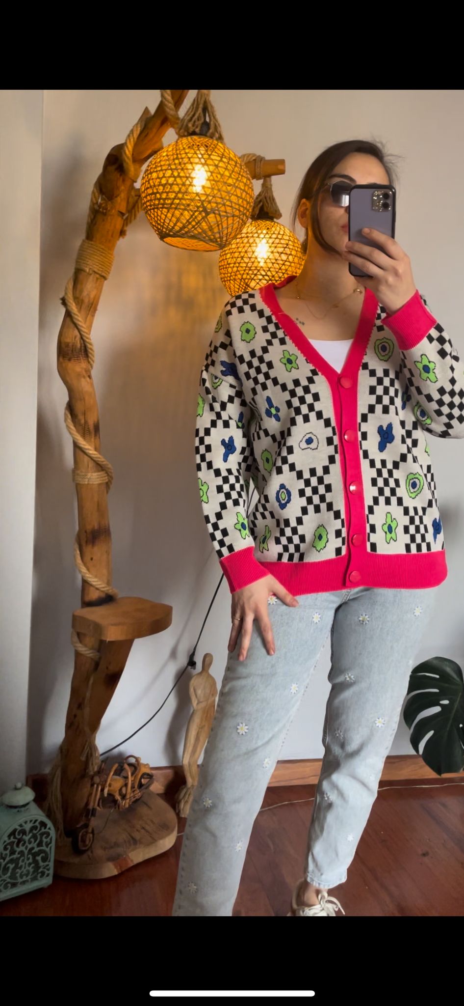 Neon Pembe Desenli Hırka